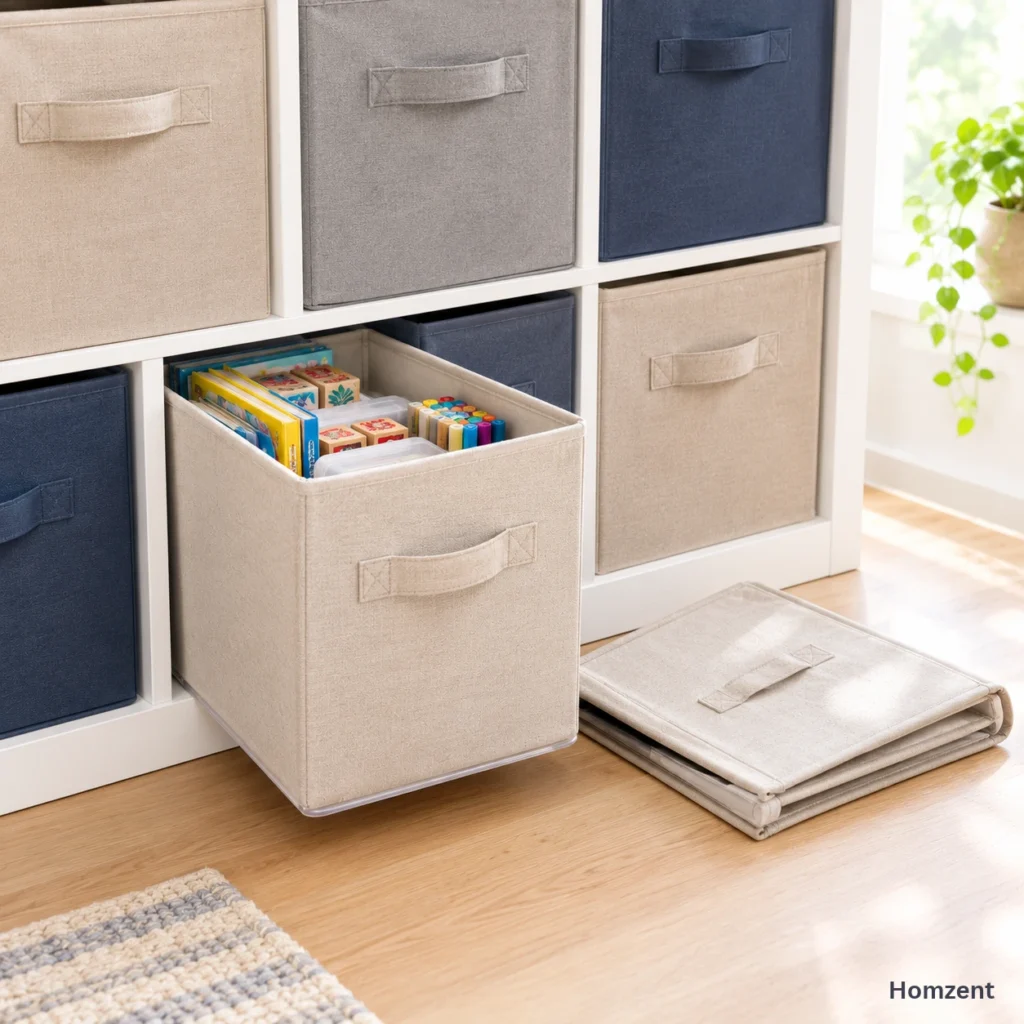 Amazon-Basics-fabric-cubes-in-a-white-cube-shelving-unit-holding-books-and-toys