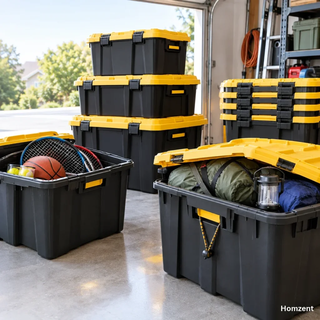 CX-Black-Yellow-containers-stacked-in-a-garage-holding-camping-gear-and-sports-equipment