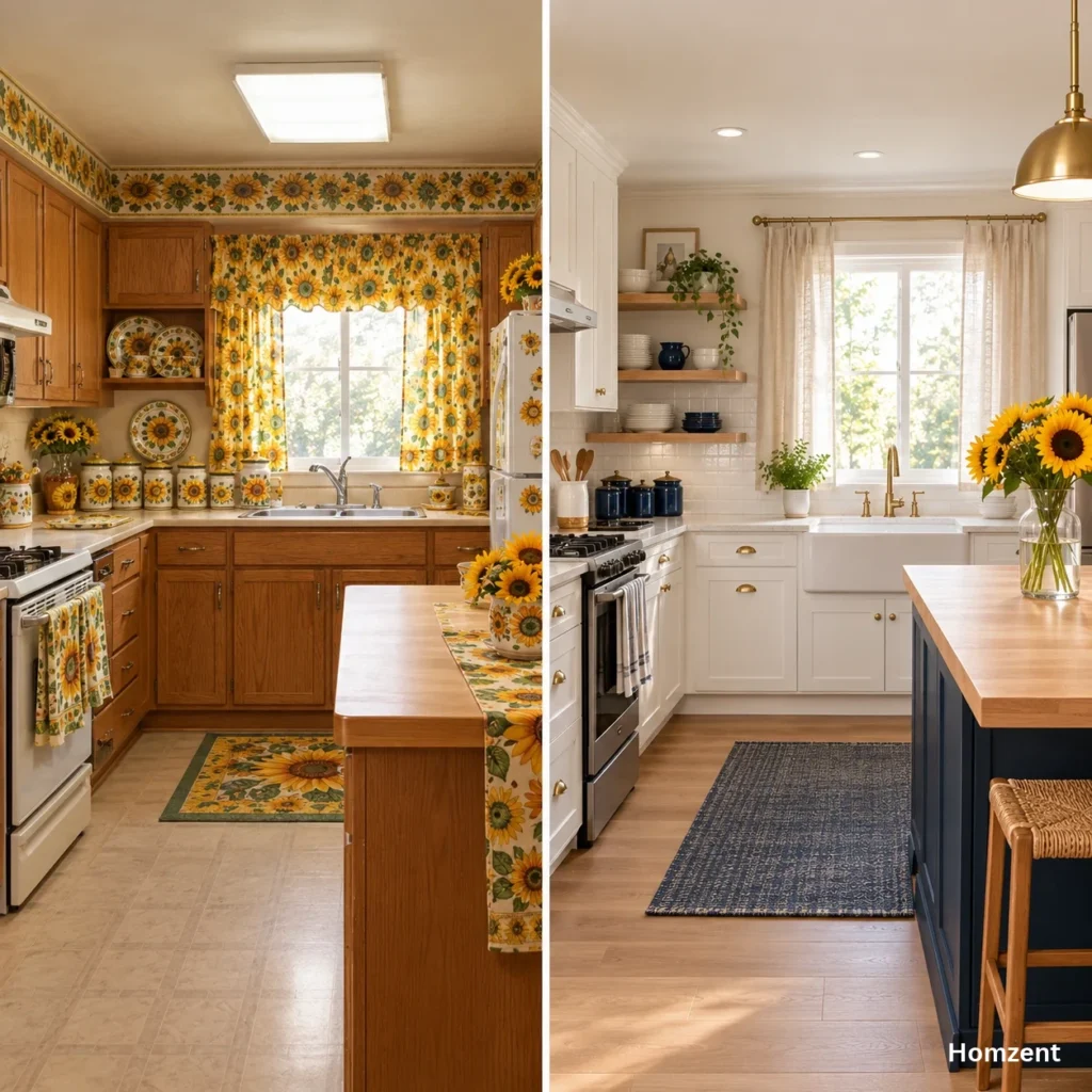 Dated-versus-modern-sunflower-kitchen-decor-comparison