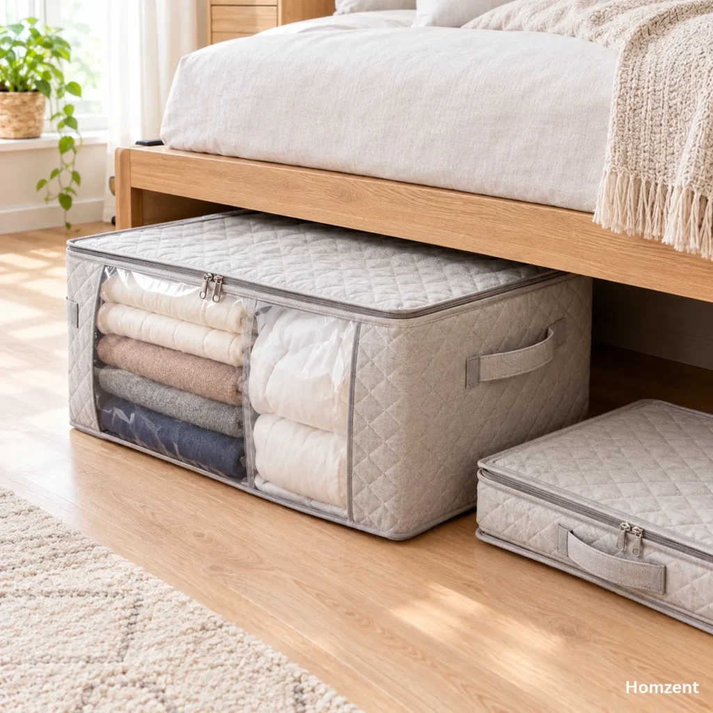 Lifewit-storage-bags-filled-with-winter-coats-sliding-under-a-bed-frame