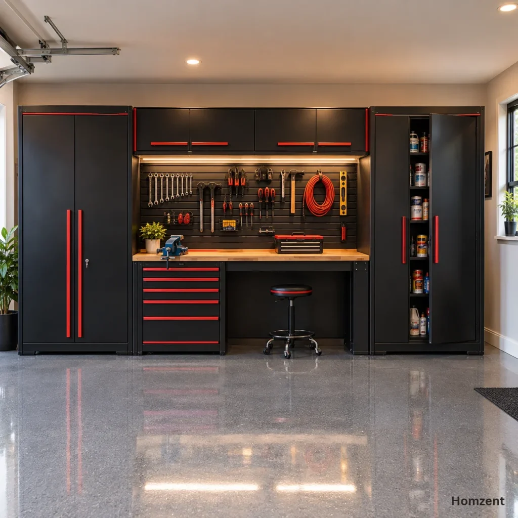 Modular steel garage cabinets with workbench and tool wall