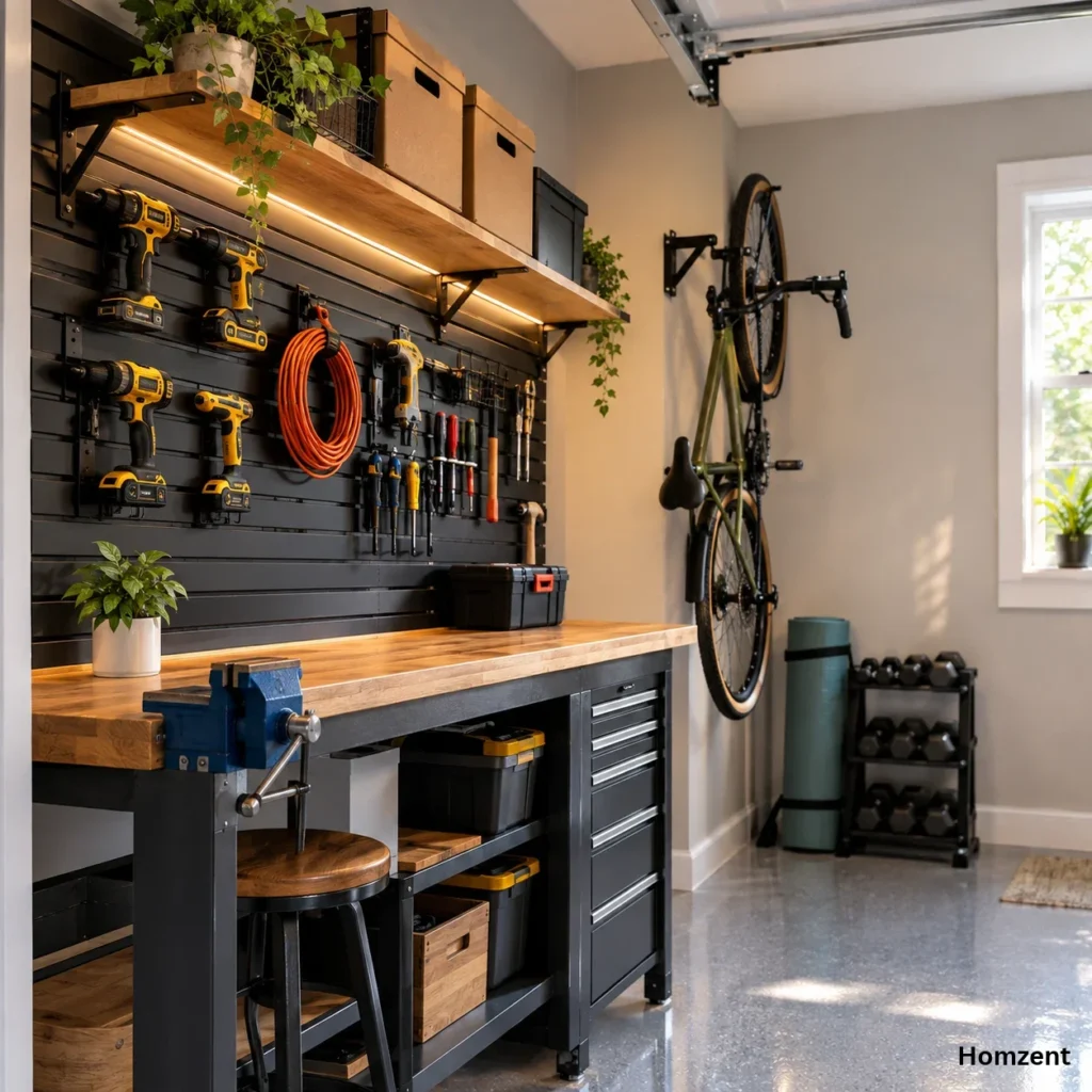 Organized-garage-with-overhead-racks-wall-mounted-tools-and-modular-cabinets