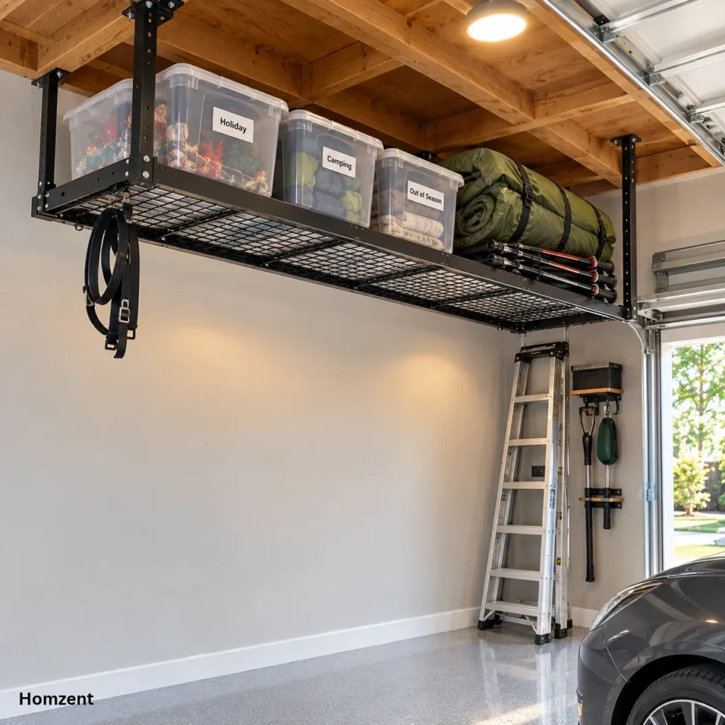 Overhead ceiling storage rack in garage with labeled bins