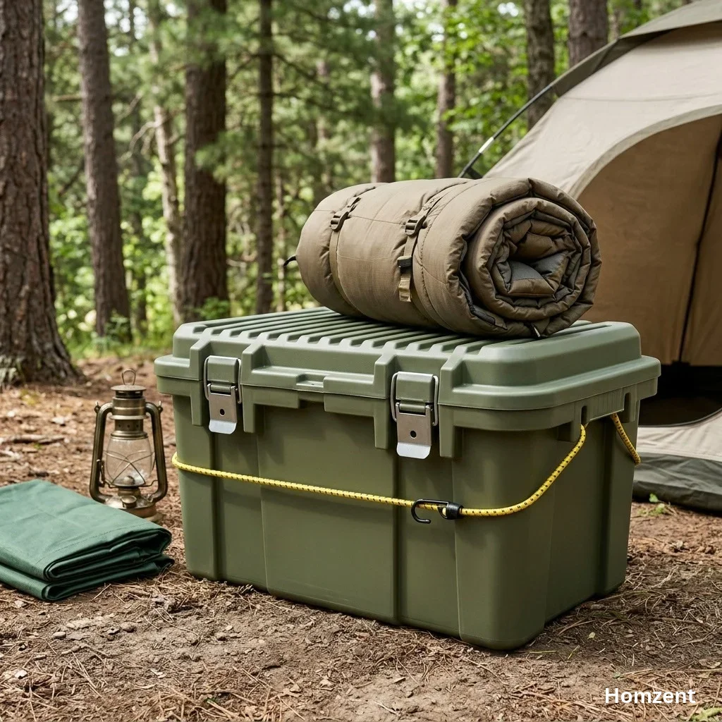 Rubbermaid-Action-Packer-on-a-campsite-being-used-as-a-bench-with-camping-gear-inside
