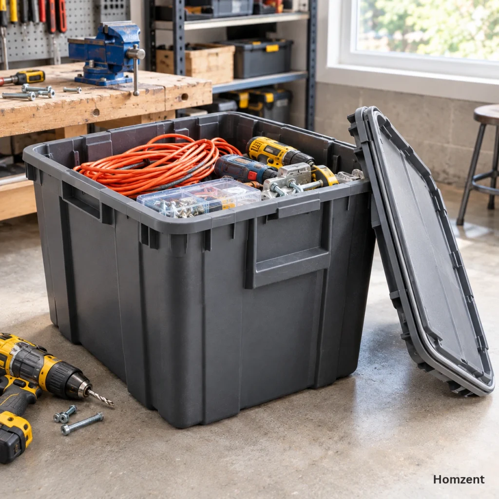 Rubbermaid-Brute-bin-in-a-workshop-holding-power-tools-and-hardware