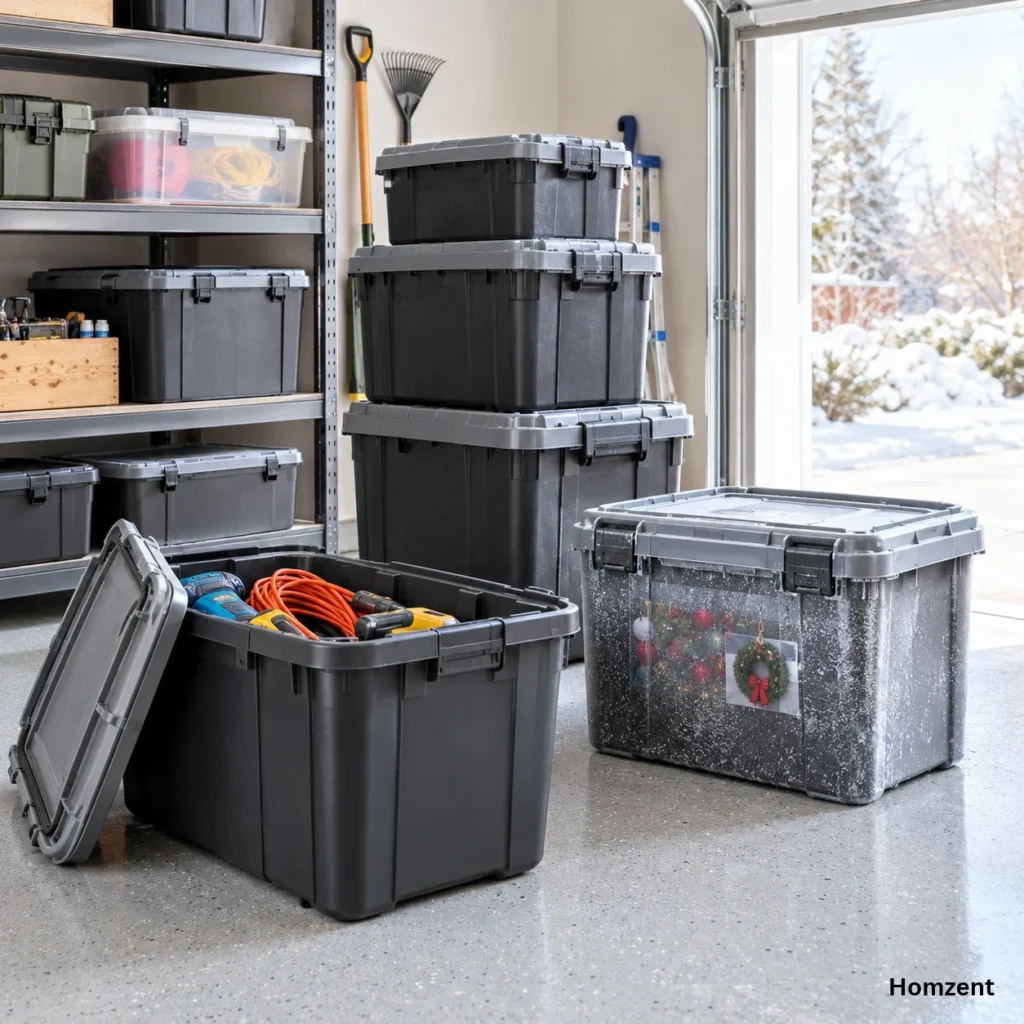 Rubbermaid-Roughneck-totes-stacked-in-a-garage-holding-tools-and-holiday-decorations