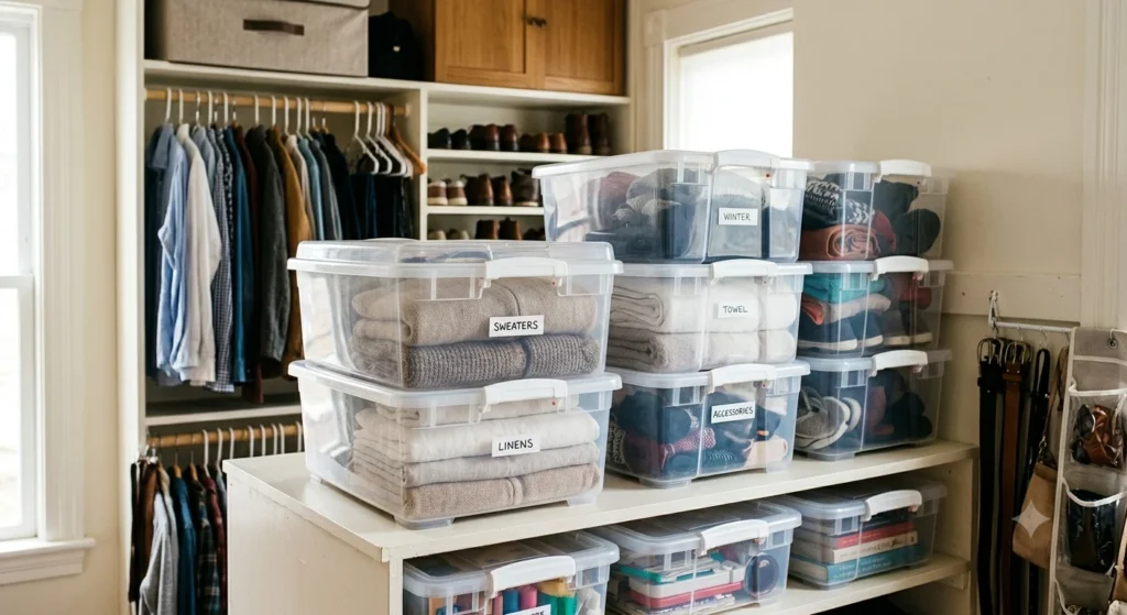 Stackable-Clear-Storage-Bins-On-Closet-Shelf