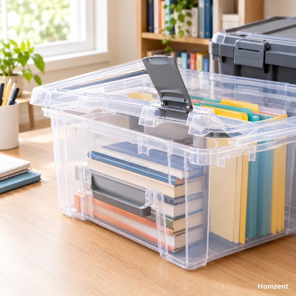Sterilite-Ultra-Tote-being-loaded-with-books-and-files-in-a-home-office