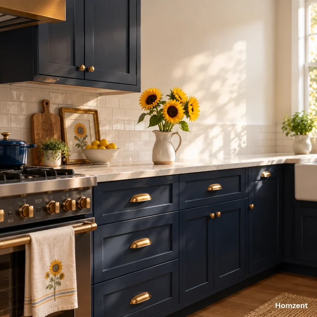 Sunflower kitchen decor navy blue color pairing