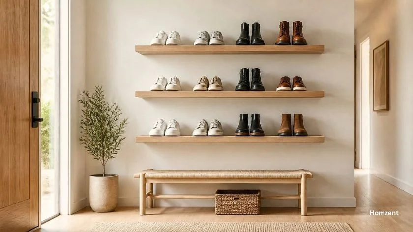Three-floating-wooden-shelves-on-a-white-wall