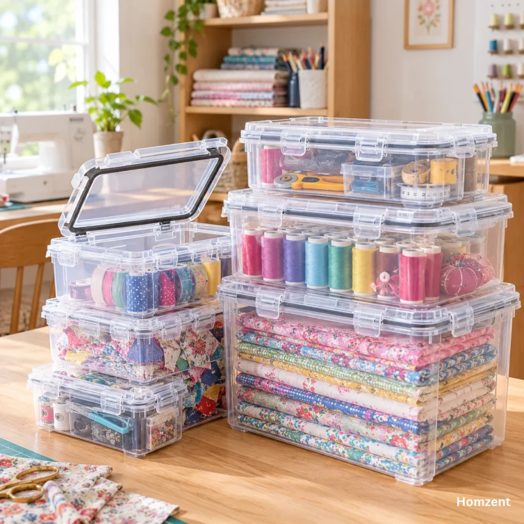 Ziploc-Weathershield-containers-stacked-in-a-craft-room-with-sewing-supplies-visible-inside