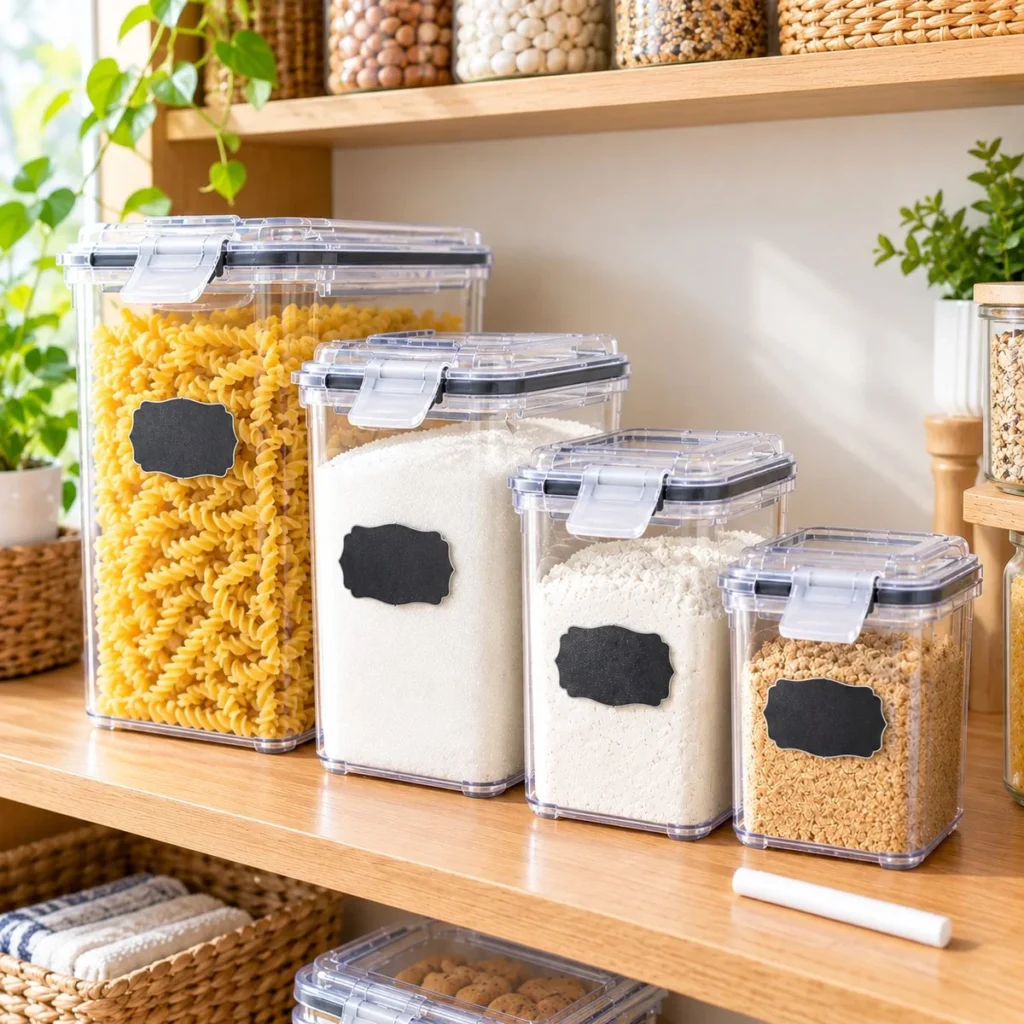 Chef's Path containers lined up on a pantry shelf with chalkboard labels showing flour and sugar